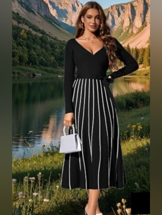 Zoifada Dresses & Skirts - Zoifada V Neck long sleeve Black & White Ribbed knit A line Midi dress Small NWT
